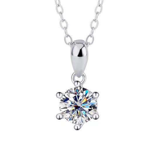 [N02]S925 Sterling Silver Classic Six Claw Setting Everyday Wear Moissanite Necklace