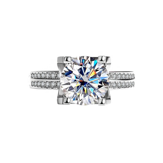 [B033]S925 Sterling Silver Classic Double Row Bullhead Four Claw Set Moissanite Ring