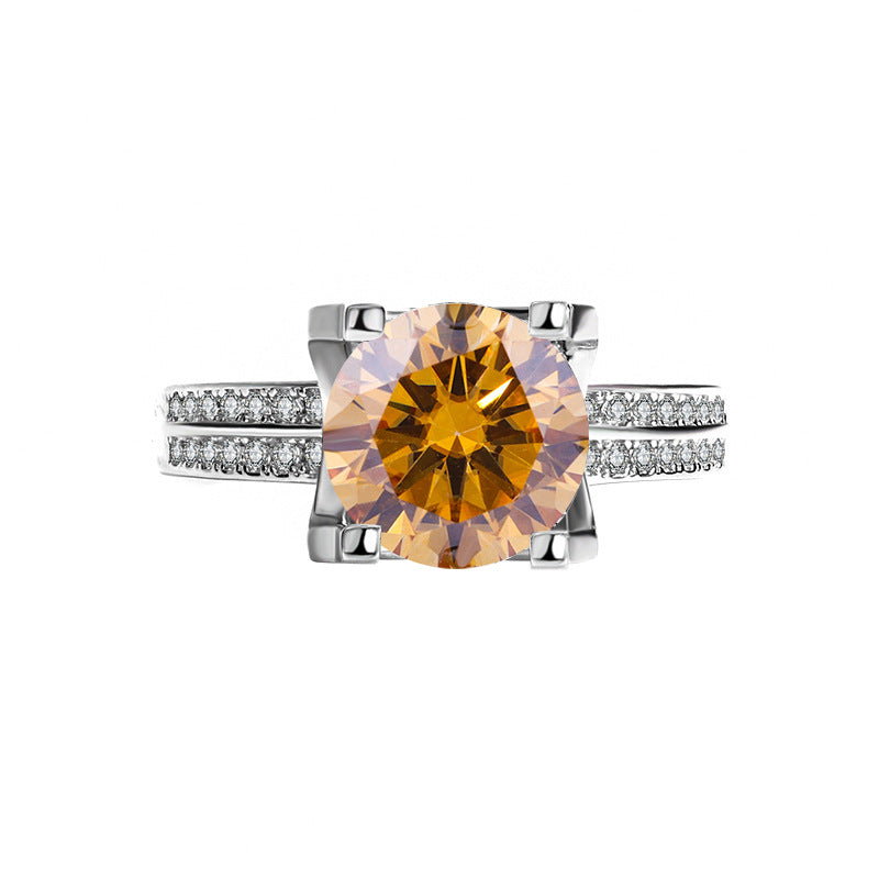 [B033]S925 Sterling Silver Classic Double Row Bullhead Four Claw Set Moissanite Ring