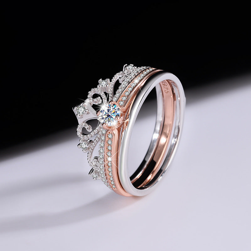 [B101]S925 Sterling Silver Fireworks Castle Rose Gold Crown Cute Ins Moissanite Ring