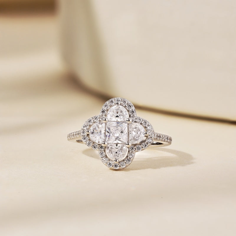 [G08]S925 Sterling Silver Clover Lucky Cubic Zircon Ring