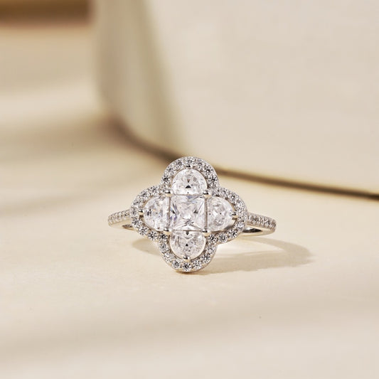 [G08]S925 Sterling Silver Clover Lucky Cubic Zircon Ring