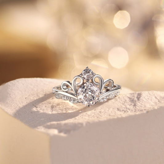 [G02] S925 Sterling Silver Princess Crown Ice Cut Cubic Zirconia Ring Adjustable