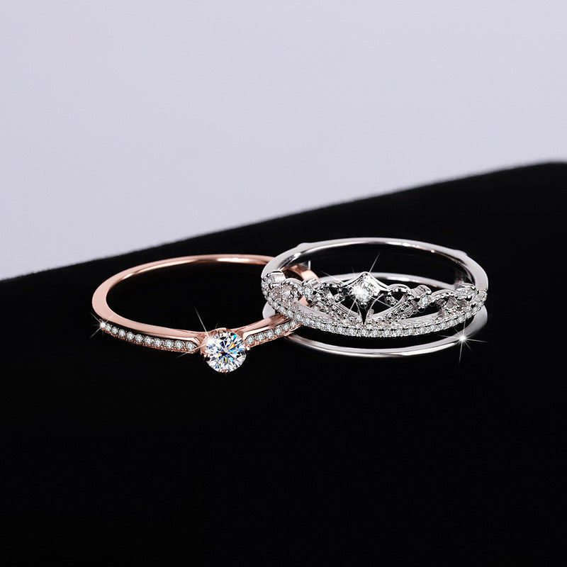 [B101]S925 Sterling Silver Fireworks Castle Rose Gold Crown Cute Ins Moissanite Ring
