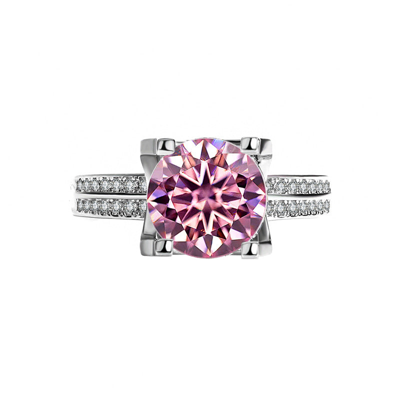 [B033]S925 Sterling Silver Classic Double Row Bullhead Four Claw Set Moissanite Ring