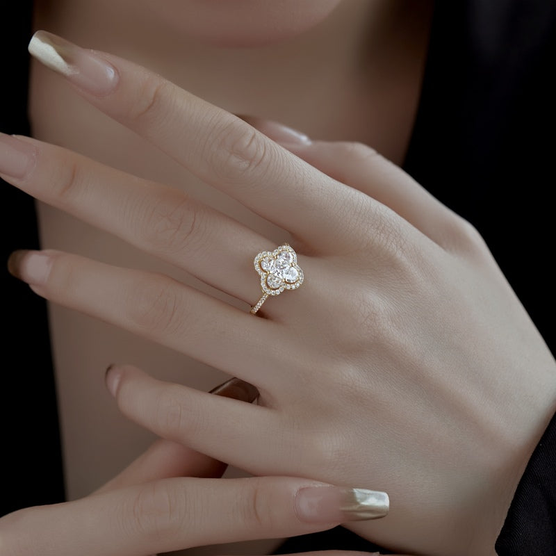 [G08]S925 Sterling Silver Clover Lucky Cubic Zircon Ring