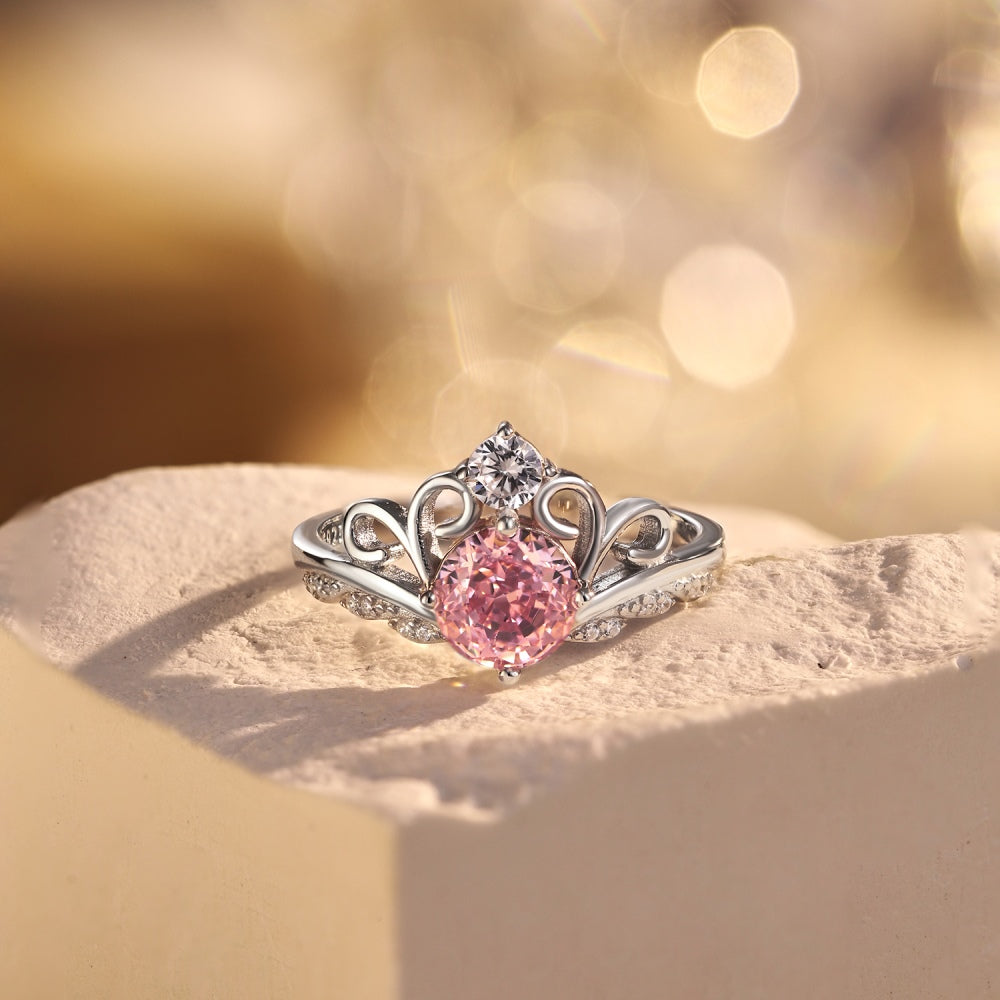 [G02] S925 Sterling Silver Princess Crown Ice Cut Cubic Zirconia Ring Adjustable