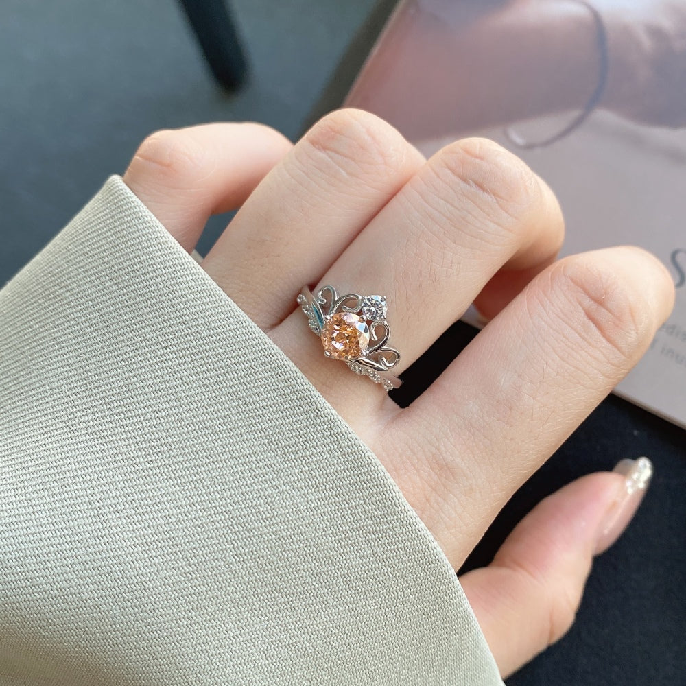 [G02] S925 Sterling Silver Princess Crown Ice Cut Cubic Zirconia Ring Adjustable