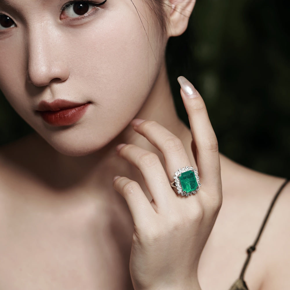 [G15] S925 Sterling Silver Synthetic Emerald Ring High Class Party Party Preferred
