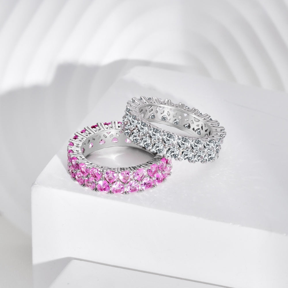 [G76]S925 Sterling Silver Double rows of hearts High-quality zirconia band