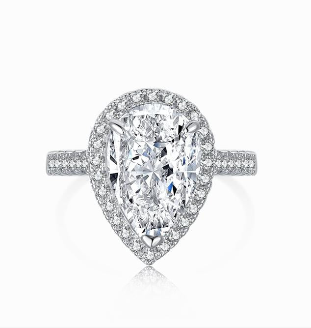 [G42]S925 Sterling Silver Classic Halo Wrap Teardrop Cubic Zirconia Ring
