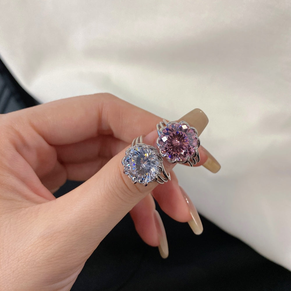 [G07]S925 Sterling Silver Rose Firework Cut High Carbon Diamond Ring