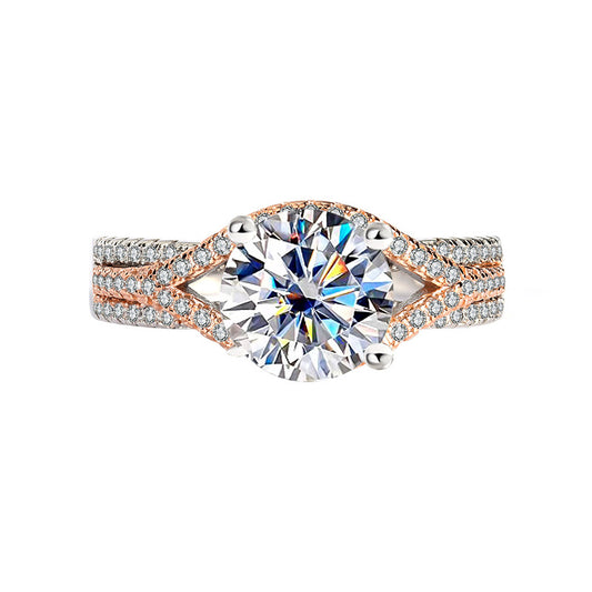 [B121]S925 Sterling Silver Twisted Flower Rose Gold Color Moissanite Ring