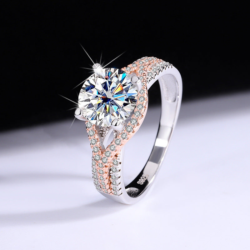 [B121]S925 Sterling Silver Twisted Flower Rose Gold Color Moissanite Ring