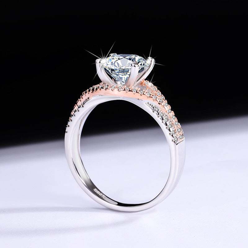 [B121]S925 Sterling Silver Twisted Flower Rose Gold Color Moissanite Ring