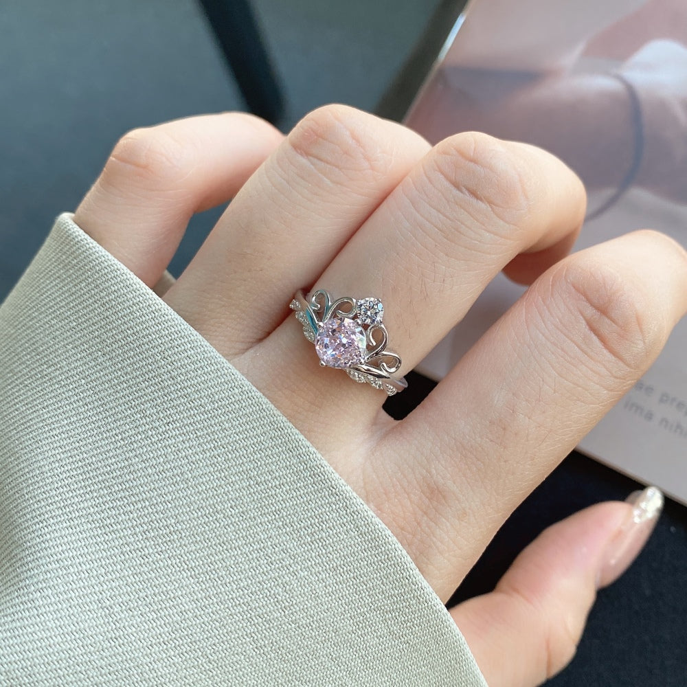 [G02] S925 Sterling Silver Princess Crown Ice Cut Cubic Zirconia Ring Adjustable