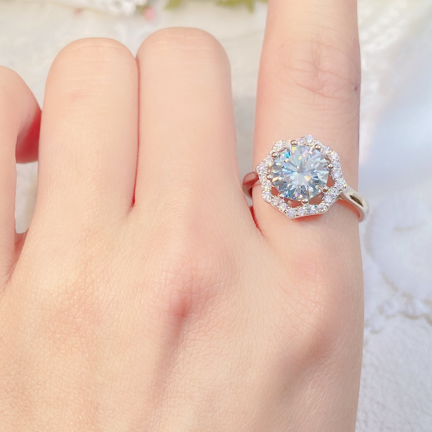 [A10]-Octagon S925 Sterling Silver Birthday Daily Ring（Full Moissanite）