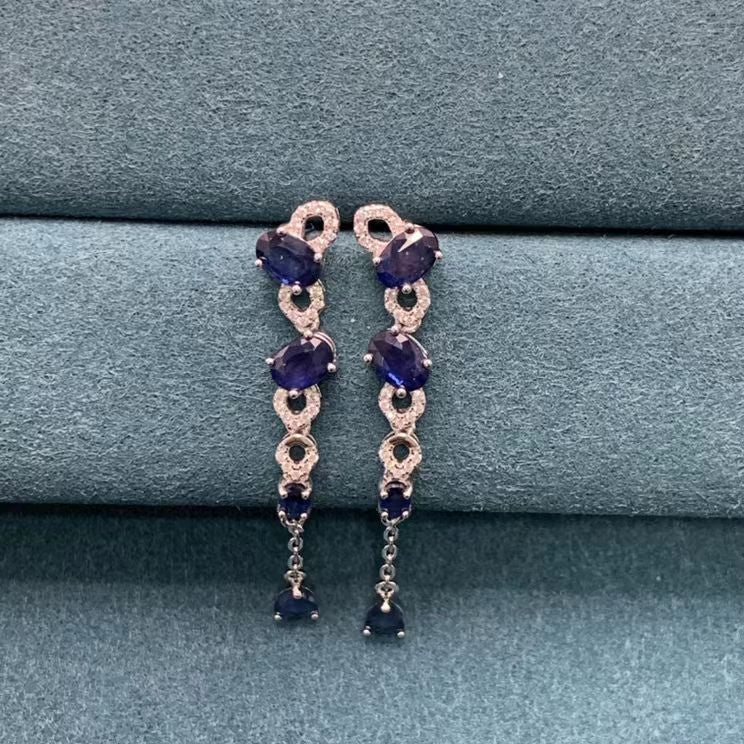 [KESAI]#CB-94 Sleek Chain Sapphire Earrings