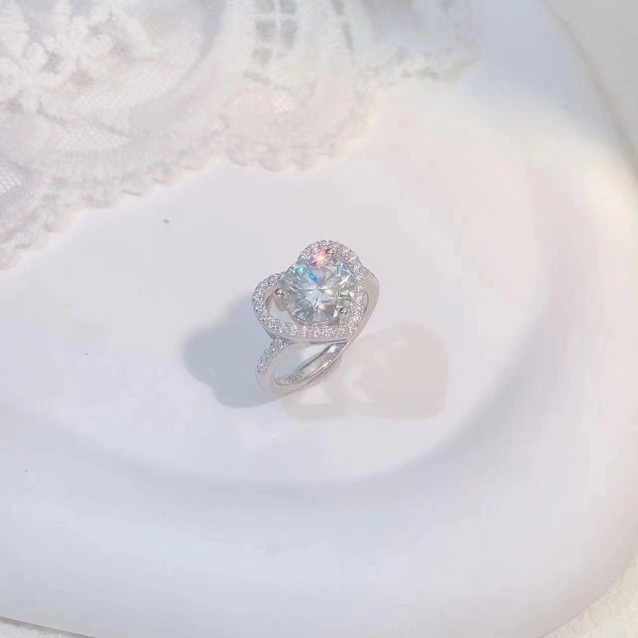 [A11]-Heart to Heart S925 Sterling Silver Ring（Full Moissanite） Engagement