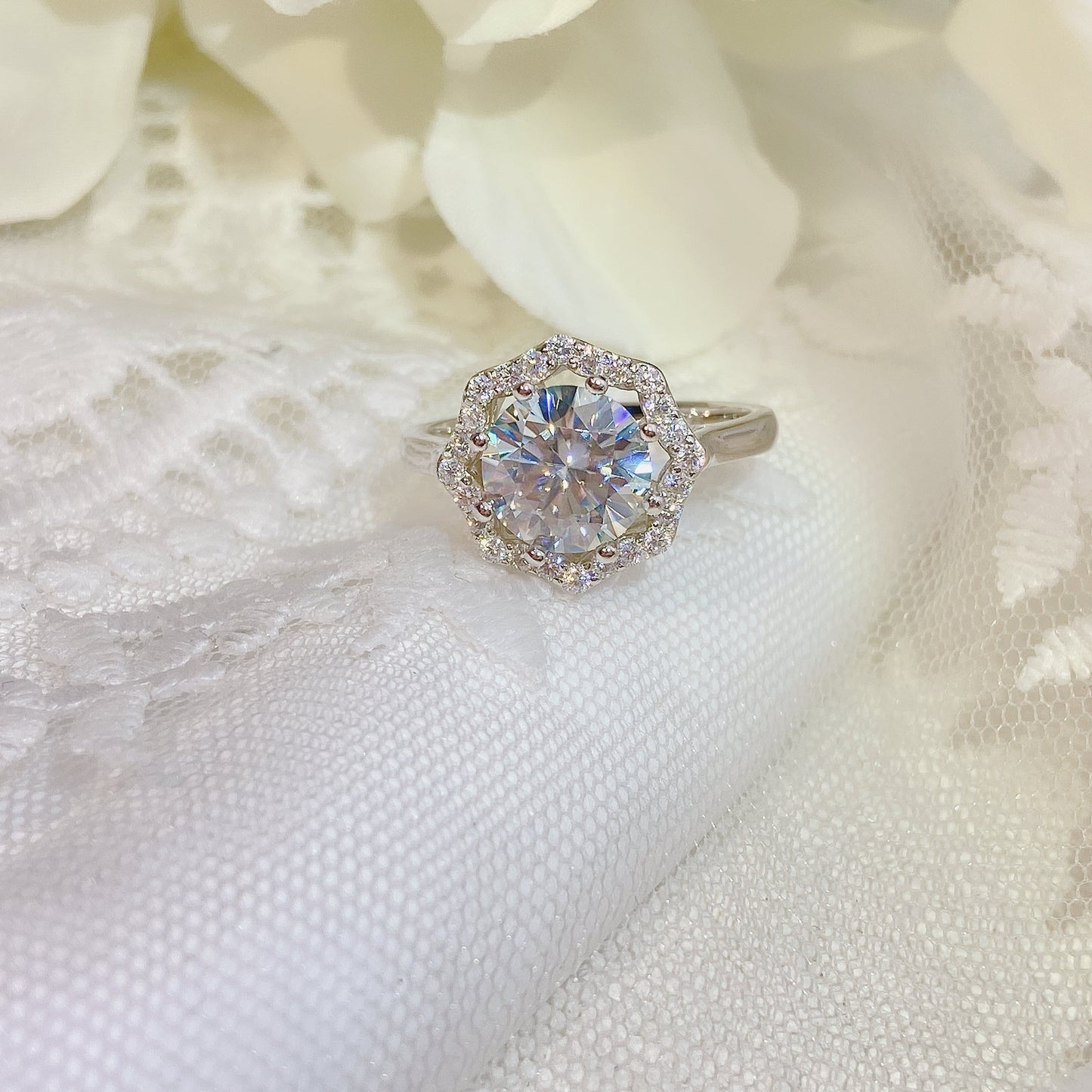 [A10]-Octagon S925 Sterling Silver Birthday Daily Ring（Full Moissanite）